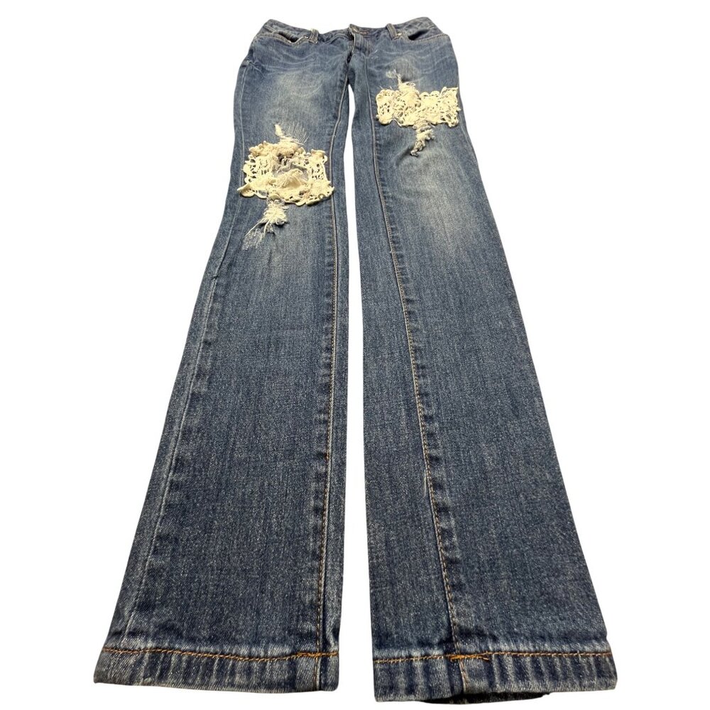Venus Womens Size 8 Distressed Jeans Lace Patches W26 L30 decorated denim BOHO